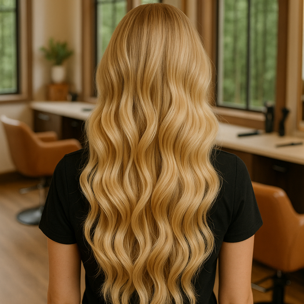 Customer with long blonde hair